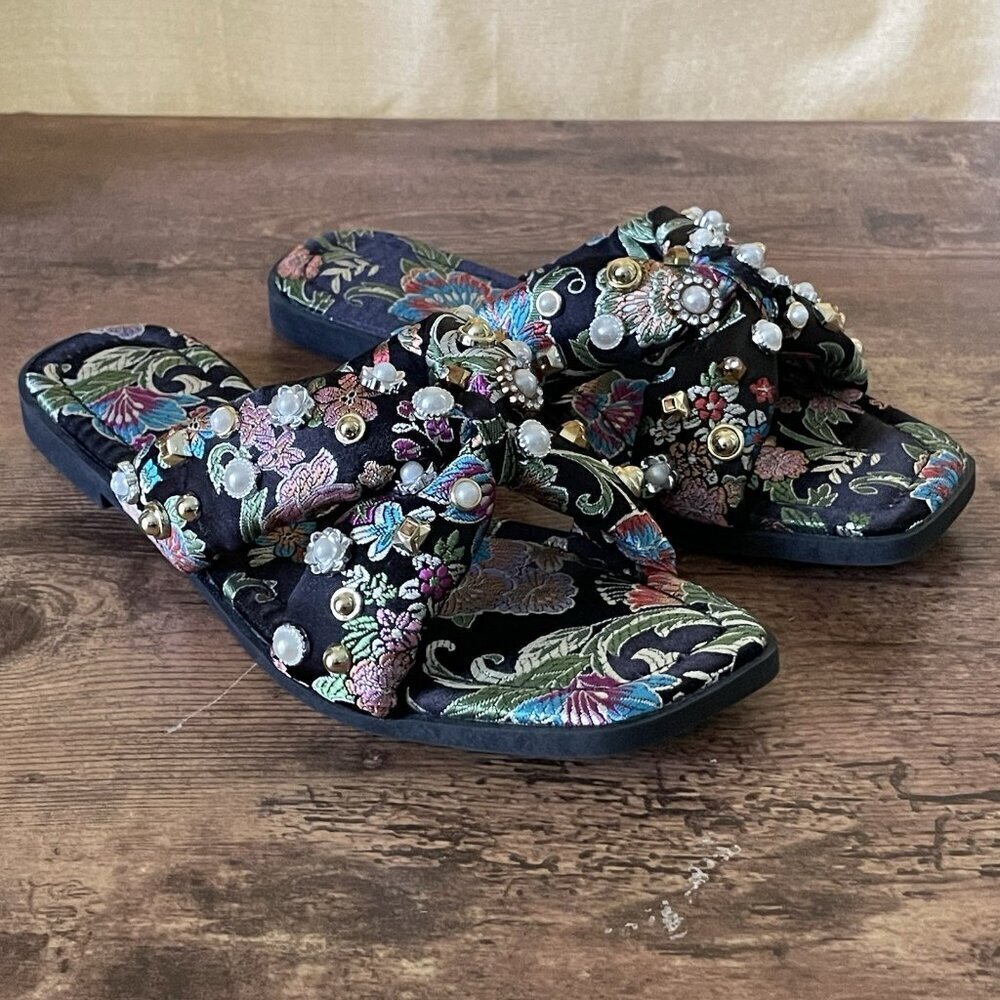 Azalea Wang Womens Ramsey Sandal Sz 7 Black Floral Jacquard Beaded Pearl Crystal - Picture 3 of 13